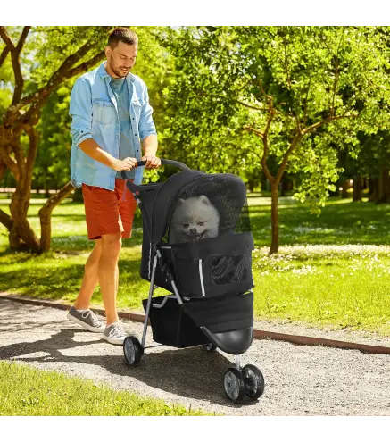Carrito para Perros Pequeños con Cesta de Almacenaje Ventanas de Malla y 2 Ruedas Universales 75x45x97 cm Negro