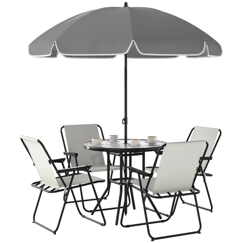 Conjunto de Muebles de Jardín de 6 Piezas con Mesa Redonda Sillas Plegables y Sombrilla para Patio y Terraza Crema Conjunto de Muebles de Jardín de 6 Piezas con Mesa Redonda Sillas Plegables y Sombrilla para Patio y Terraza Crema