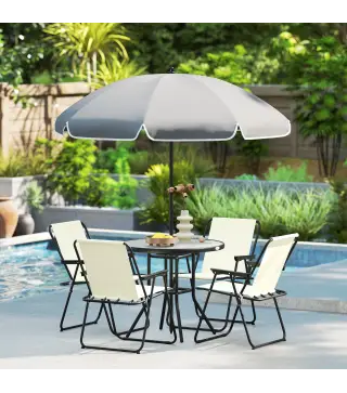 Conjunto de Muebles de Jardín de 6 Piezas con Mesa Redonda Sillas Plegables y Sombrilla para Patio y Terraza Crema