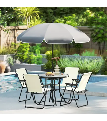 Conjunto de Muebles de Jardín de 6 Piezas con Mesa Redonda Sillas Plegables y Sombrilla para Patio y Terraza Crema