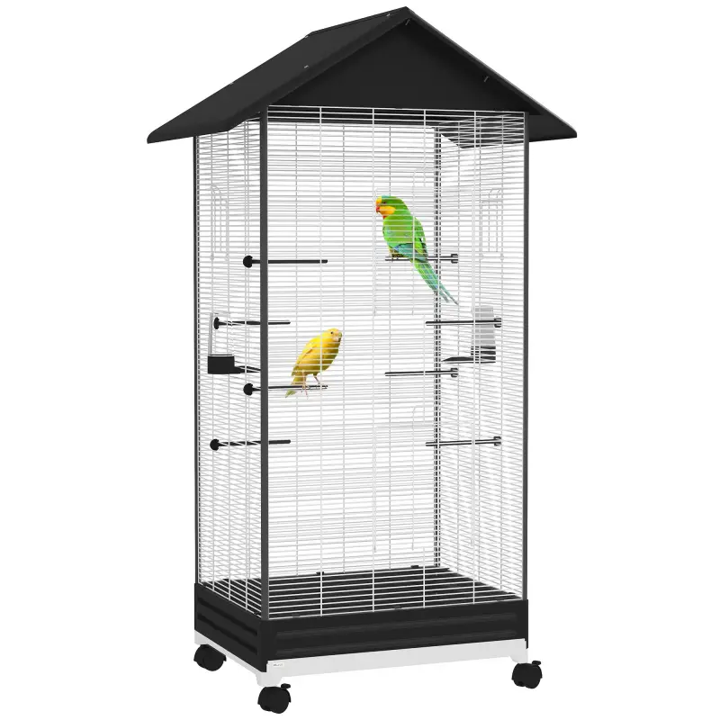Jaula para Pájaros con Ruedas Pajarera Metálica con Bandeja Extraíble Puertas 79x65x155 cm Negro Jaula para Pájaros con Ruedas Pajarera Metálica con Bandeja Extraíble Puertas 79x65x155 cm Negro