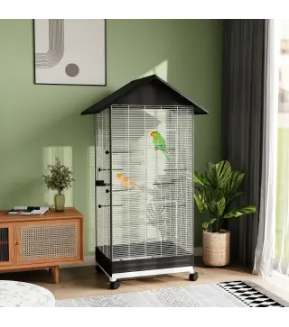 Jaula para Pájaros con Ruedas Pajarera Metálica con Bandeja Extraíble Puertas 79x65x155 cm Negro