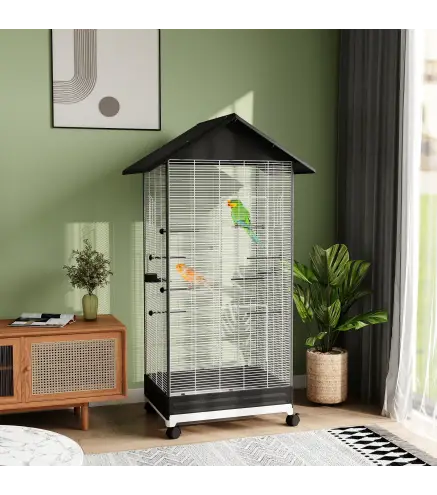 Jaula para Pájaros con Ruedas Pajarera Metálica con Bandeja Extraíble Puertas 79x65x155 cm Negro