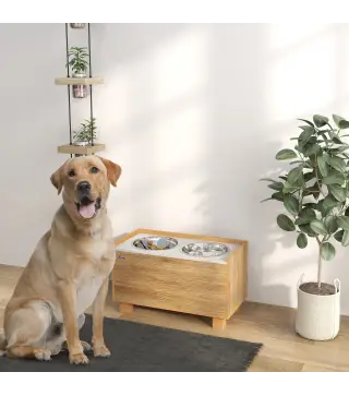 Comedero Perro Elevado con Alimentador Lento Extraíble Comedero y Bebedero de Acero Inoxidable Roble