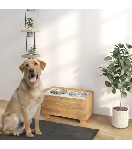 Comedero Perro Elevado con Alimentador Lento Extraíble Comedero y Bebedero de Acero Inoxidable Roble