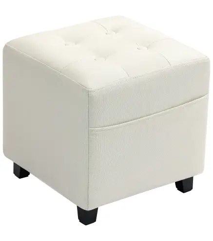 Reposapiés de Salón Taburete Bajo Tapizado en Lino con Bolsillo Lateral y Tapa con Botones Acolchados Crema