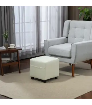 Reposapiés de Salón Taburete Bajo Tapizado en Lino con Bolsillo Lateral y Tapa con Botones Acolchados Crema