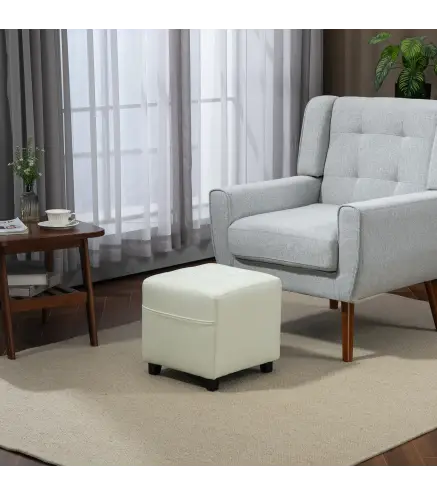 Reposapiés de Salón Taburete Bajo Tapizado en Lino con Bolsillo Lateral y Tapa con Botones Acolchados Crema