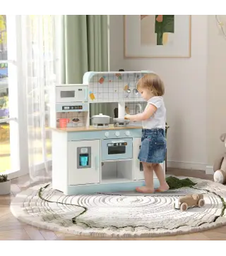 Cocinita Infantil con Sonido Fogón Grifo Fregadero Microondas Cafetera Máquina de Hielo y Accesorios de Cocina Blanco