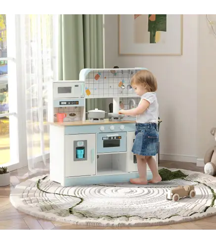 Cocinita Infantil con Sonido Fogón Grifo Fregadero Microondas Cafetera Máquina de Hielo y Accesorios de Cocina Blanco