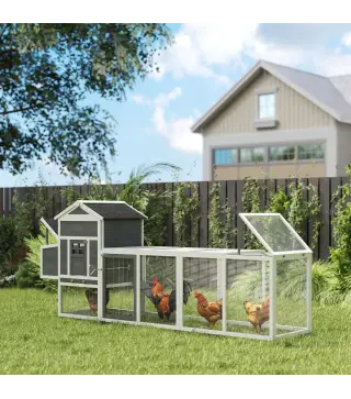 Gallinero de Madera Grande para 3-6 Gallinas con Techo Asfáltico Nido y Bandeja Extraíble 297,5x68x118 cm Blanco y Gris