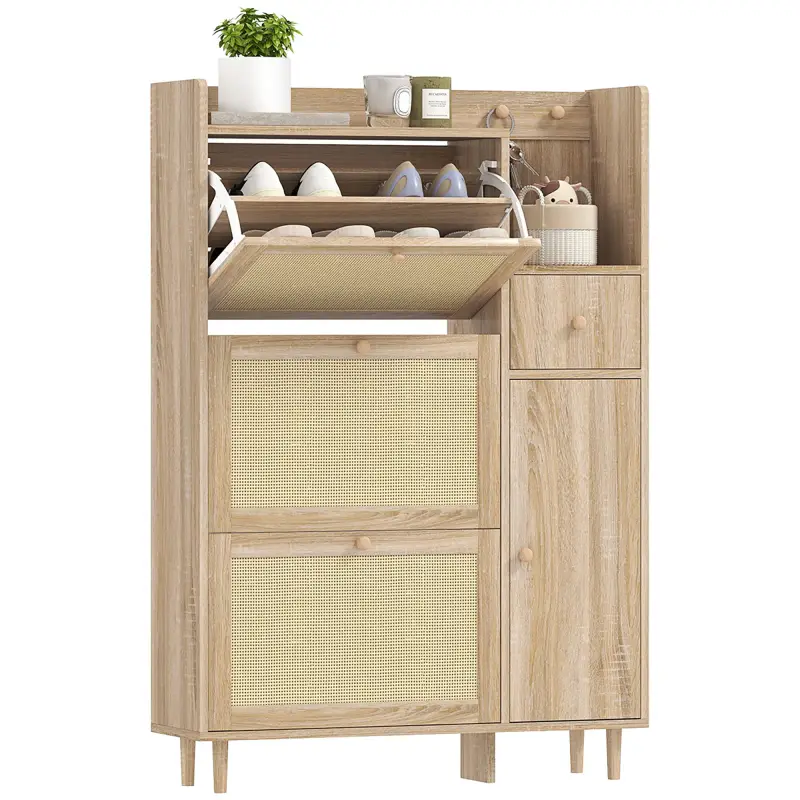 Zapatero con 3 Cajones Abatibles con Frentes de Ratán Cajón y Armario para Decoraciones y Llaves 80x23x120 cm Roble Zapatero con 3 Cajones Abatibles con Frentes de Ratán Cajón y Armario para Decoraciones y Llaves 80x23x120 cm Roble