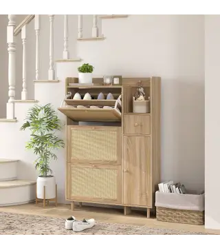 Zapatero con 3 Cajones Abatibles con Frentes de Ratán Cajón y Armario para Decoraciones y Llaves 80x23x120 cm Roble