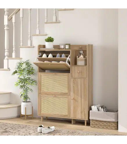 Zapatero con 3 Cajones Abatibles con Frentes de Ratán Cajón y Armario para Decoraciones y Llaves 80x23x120 cm Roble