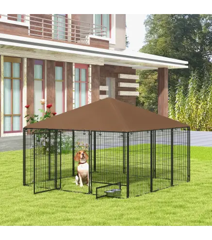 Perrera con Toldo y Soporte Giratorio para Comida 2 Cuencos Incluidos 211x211x151 cm Negro y Café