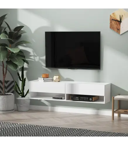 Mueble de TV para Salón de Pared con 2 Compartimentos y 2 Armarios con Puertas Abatibles para Televisión de 60 Pulgadas