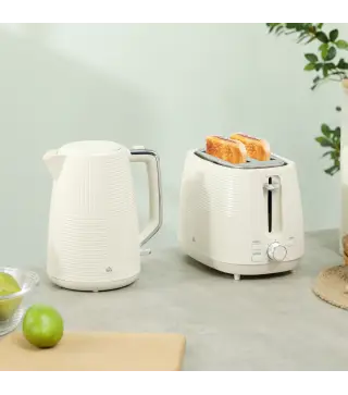 Juego de Hervidor de Agua Eléctrico 2200W 1,7L y Tostador Pan Ranura Ancha para 2 Rebanadas 3 Funciones Crema