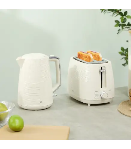 Juego de Hervidor de Agua Eléctrico 2200W 1,7L y Tostador Pan Ranura Ancha para 2 Rebanadas 3 Funciones Crema
