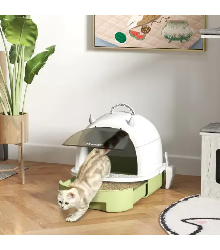 Arenero Cerrado para Gatos con Bandeja Extraíble Filtro de Carbono Pala y Asa Superior 40,5x52x39 cm Blanco y Verde