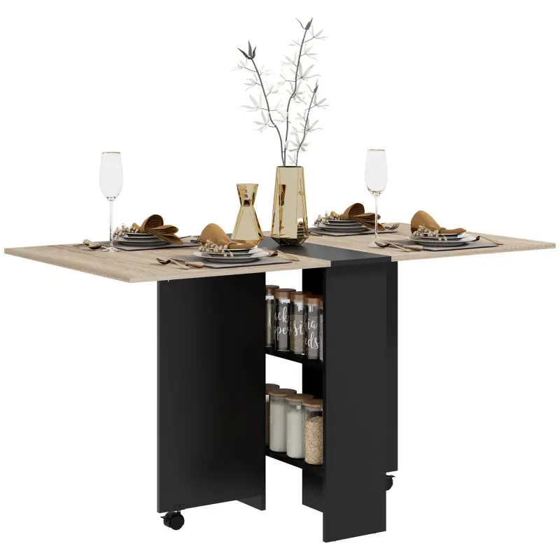Mesa de Cocina Plegable con Ruedas 2 Estantes de Almacenaje y 2 Alas Abatibles Estilo Moderno 75x140x74 cm Natural