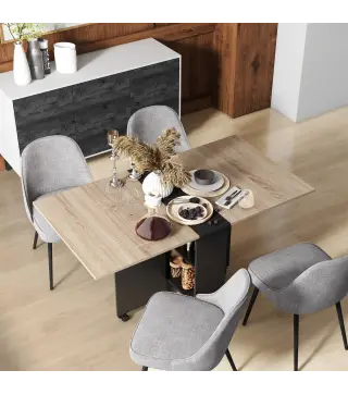 Mesa de Cocina Plegable con Ruedas 2 Estantes de Almacenaje y 2 Alas Abatibles Estilo Moderno 75x140x74 cm Natural