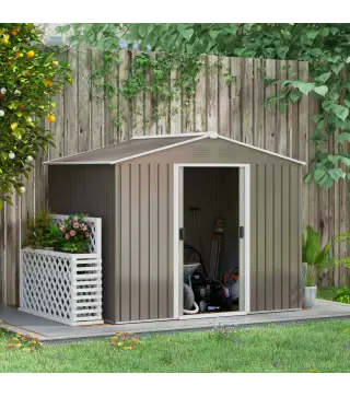 Cobertizo de Jardín Exterior 3,6 m² 236x174x190 cm con 2 Puertas Correderas Techo Inclinado y 4 Ventanas Gris Claro