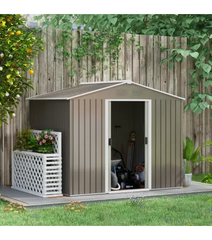 Cobertizo de Jardín Exterior 3,6 m² 236x174x190 cm con 2 Puertas Correderas Techo Inclinado y 4 Ventanas Gris Claro