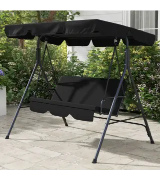 Balancín de Jardín Exterior Columpio de 3 Plazas con Toldo Ajustable y Marco de Acero para Terraza 172x110x153 cm Negro