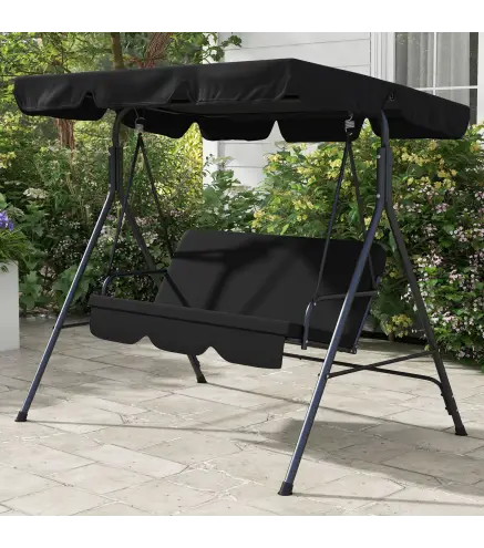 Balancín de Jardín Exterior Columpio de 3 Plazas con Toldo Ajustable y Marco de Acero para Terraza 172x110x153 cm Negro