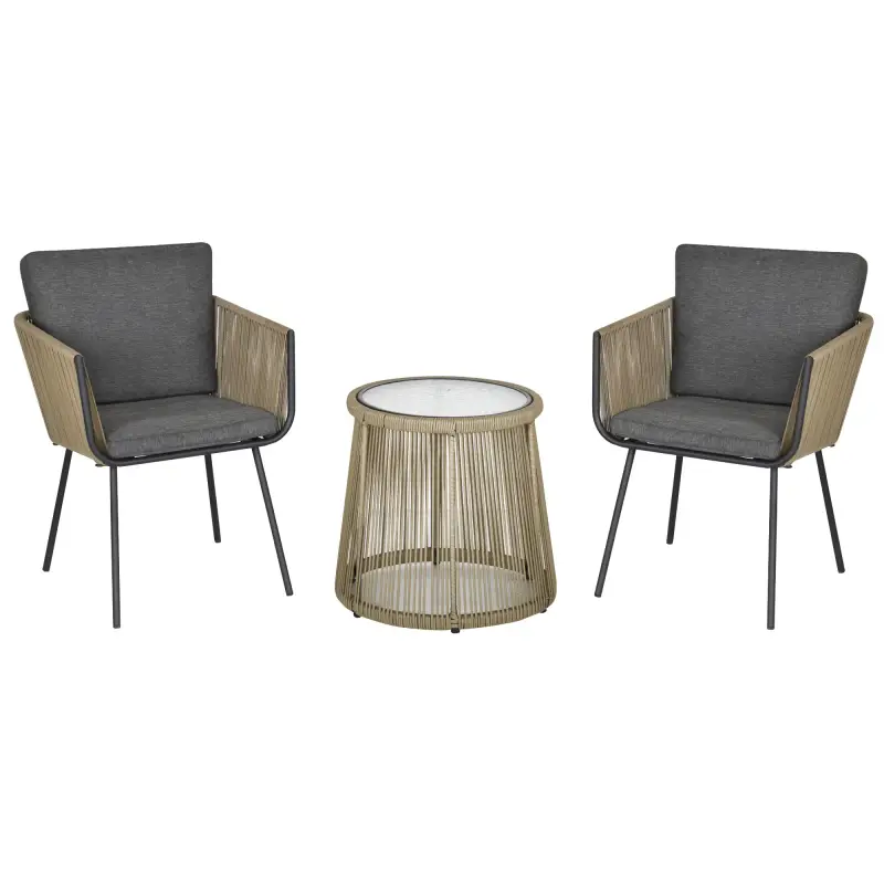 Juego de 2 Sillas y Mesa de Ratán con Cojines Acolchados y Encimera de Vidrio para Balcón Terraza Café y Gris Juego de 2 Sillas y Mesa de Ratán con Cojines Acolchados y Encimera de Vidrio para Balcón Terraza Café y Gris