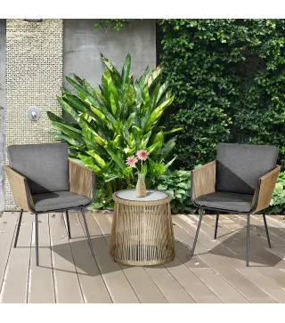 Juego de 2 Sillas y Mesa de Ratán con Cojines Acolchados y Encimera de Vidrio para Balcón Terraza Café y Gris