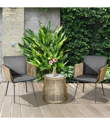 Juego de 2 Sillas y Mesa de Ratán con Cojines Acolchados y Encimera de Vidrio para Balcón Terraza Café y Gris
