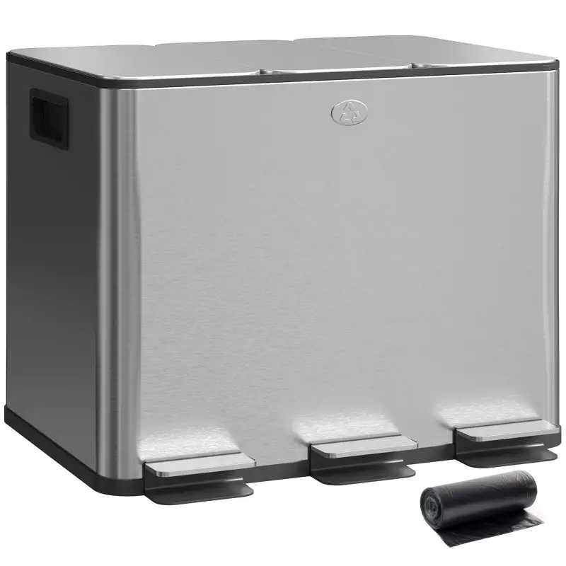 Papelera Cocina de Acero Inoxidable con 3 Compartimentos 3x10L con Pedales Tapas de Cierre Suave y Cubo Extraíble Plata