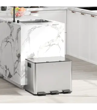 Papelera Cocina de Acero Inoxidable con 3 Compartimentos 3x10L con Pedales Tapas de Cierre Suave y Cubo Extraíble Plata