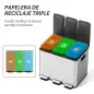 Papelera Cocina de Acero Inoxidable con 3 Compartimentos 3x10L con Pedales Tapas de Cierre Suave y Cubo Extraíble Plata