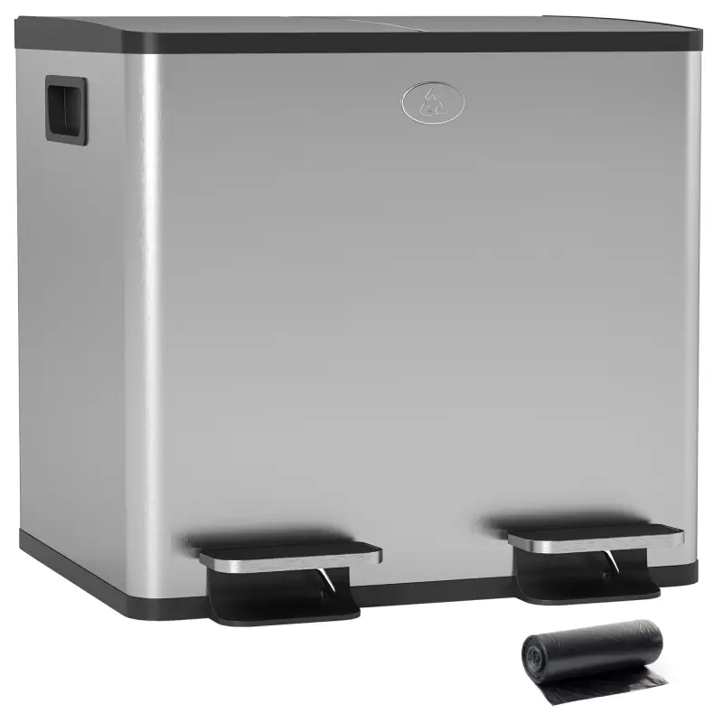 Papelera de Cocina de Acero Inoxidable con 2 Compartimentos 2x15L Pedales Tapas de Cierre Suave y Cubo Extraíble Plata