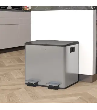 Papelera de Cocina de Acero Inoxidable con 2 Compartimentos 2x15L Pedales Tapas de Cierre Suave y Cubo Extraíble Plata