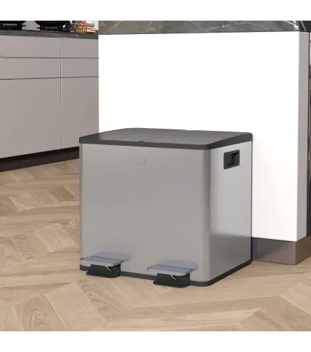 Papelera de Cocina de Acero Inoxidable con 2 Compartimentos 2x15L Pedales Tapas de Cierre Suave y Cubo Extraíble Plata