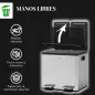 Papelera de Cocina de Acero Inoxidable con 2 Compartimentos 2x15L Pedales Tapas de Cierre Suave y Cubo Extraíble Plata