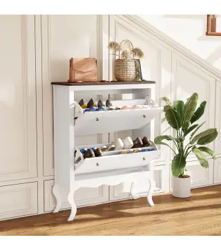 Zapatero Estrecho con 2 Cajones Abatibles Estantes Ajustables para 16 Pares de Zapatos 84x29x109 cm Blanco