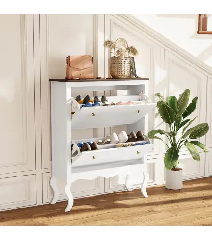 Zapatero Estrecho con 2 Cajones Abatibles Estantes Ajustables para 16 Pares de Zapatos 84x29x109 cm Blanco