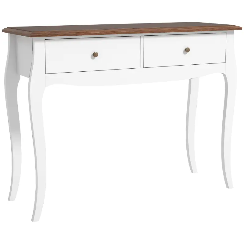 Mesa de Consola con 2 Cajones Estilo Francés para Pasillo Dormitorio Salón 100x35x76,5 cm Blanco y Marrón Oscuro