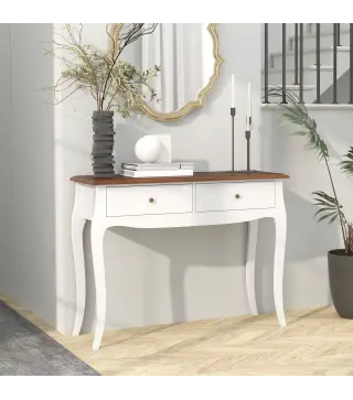Mesa de Consola con 2 Cajones Estilo Francés para Pasillo Dormitorio Salón 100x35x76,5 cm Blanco y Marrón Oscuro