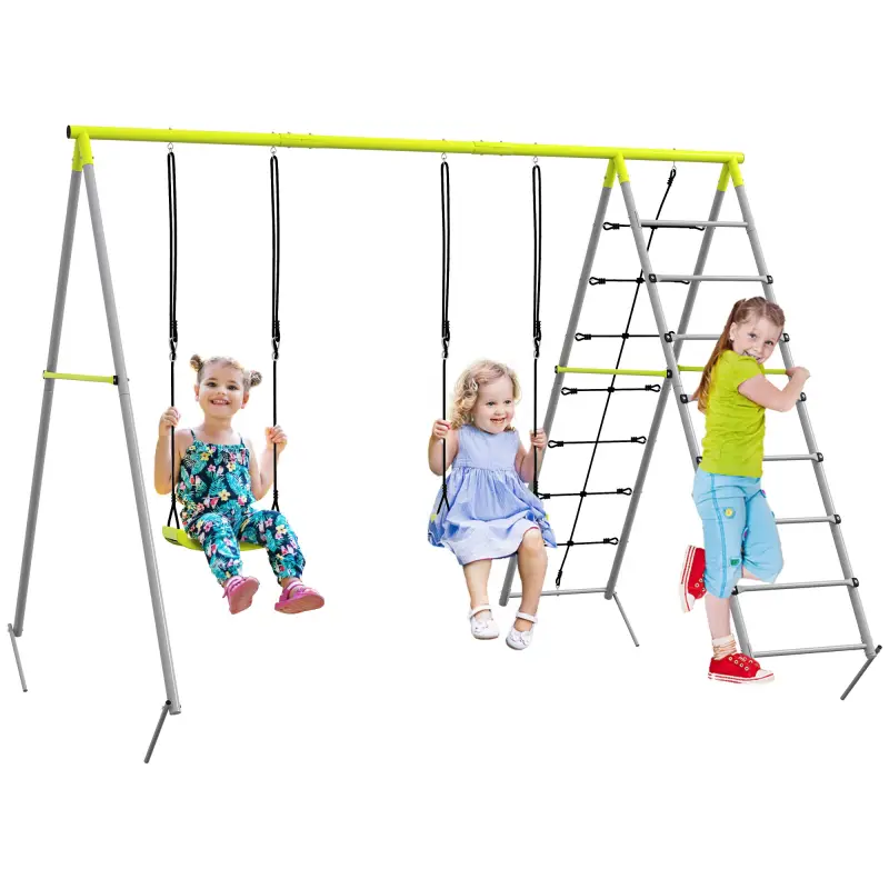 Columpio para Niños con Altura Ajustable 2 Sillas Trepador Red de Escalada y Anti-UV 260x185x180 cm Gris y Verde