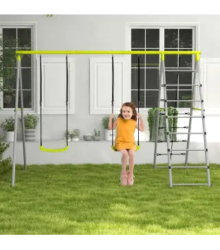 Columpio para Niños con Altura Ajustable 2 Sillas Trepador Red de Escalada y Anti-UV 260x185x180 cm Gris y Verde