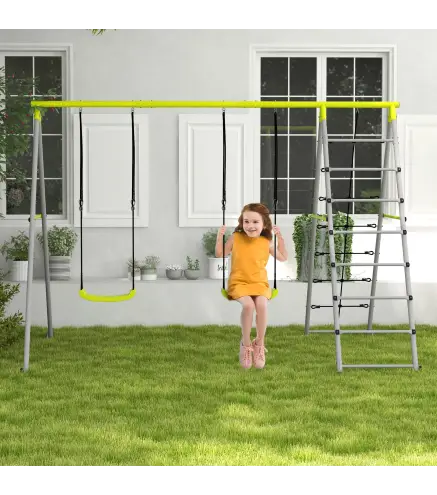 Columpio para Niños con Altura Ajustable 2 Sillas Trepador Red de Escalada y Anti-UV 260x185x180 cm Gris y Verde