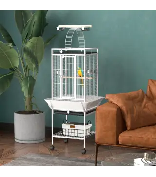 Jaula para Loros con Ruedas Perchas Comederos y Bandeja Extraíble Pajarera para Cacatúas Cotorras 62,5x62,5x156cm Blanco