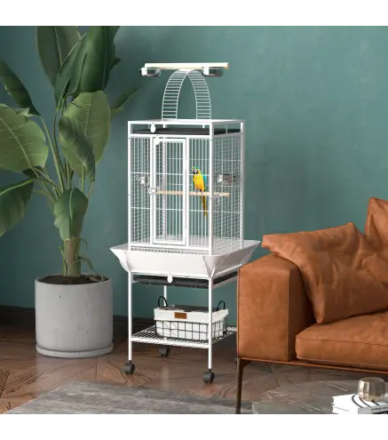 Jaula para Loros con Ruedas Perchas Comederos y Bandeja Extraíble Pajarera para Cacatúas Cotorras 62,5x62,5x156cm Blanco