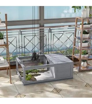 Casa para Tortugas de Madera con Techo de Malla y Paneles Laterales Transparentes Extraíbles 91x60,5x32 cm Gris