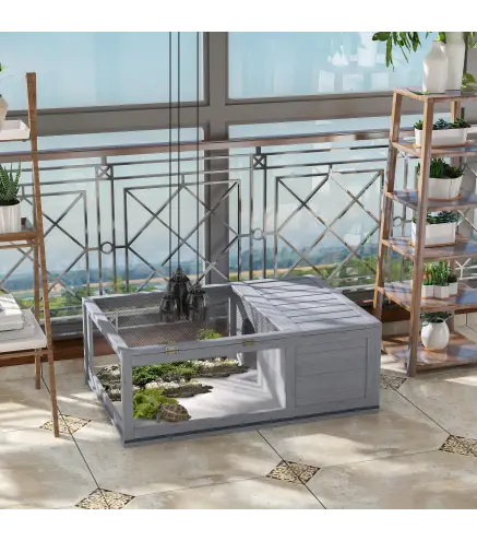 Casa para Tortugas de Madera con Techo de Malla y Paneles Laterales Transparentes Extraíbles 91x60,5x32 cm Gris